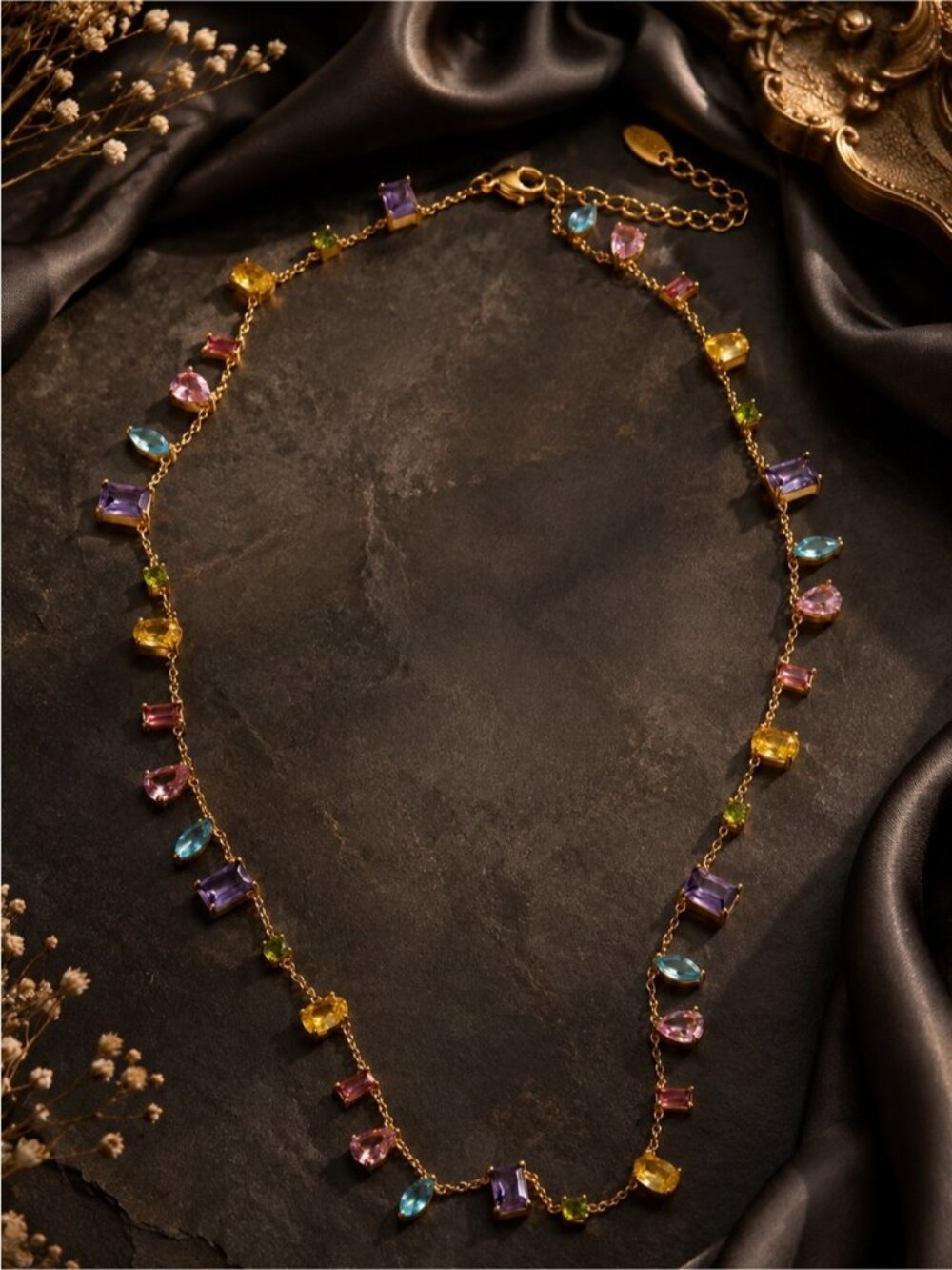 Gold plated Multigemstone Station Necklace — Purple, Pink, Blue & Yellow